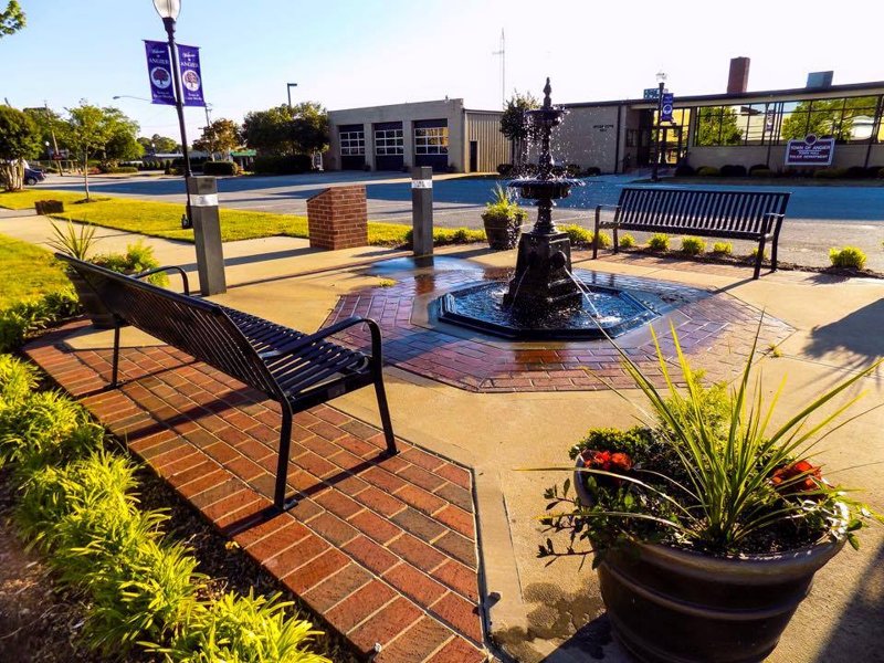 Downtown Angier water fountain and seating area in North Carolina.