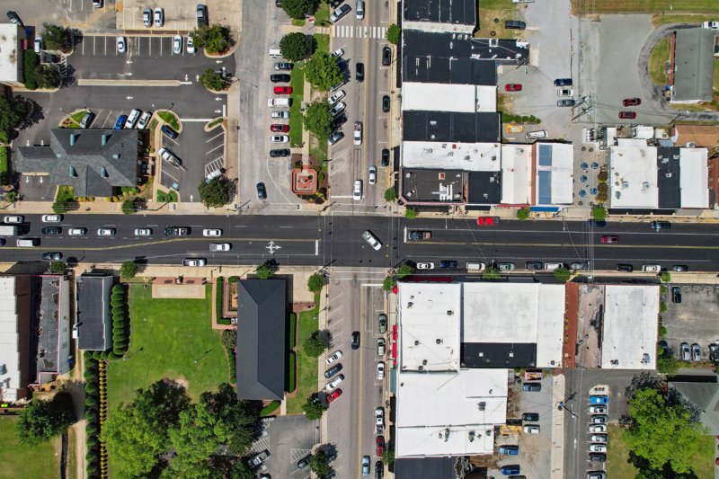 Aerial view of Angier downtown streets and buildings in North Carolina.