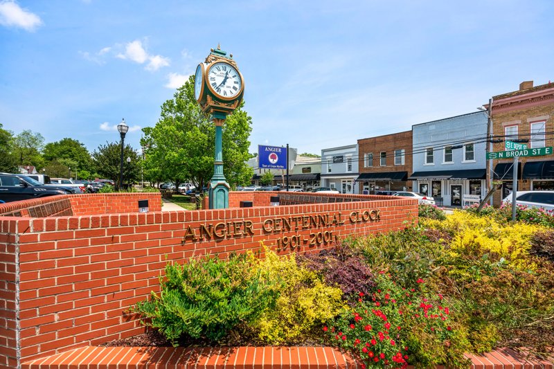 Angier Centennial Clock and streetscape in downtown Angier, North Carolina.