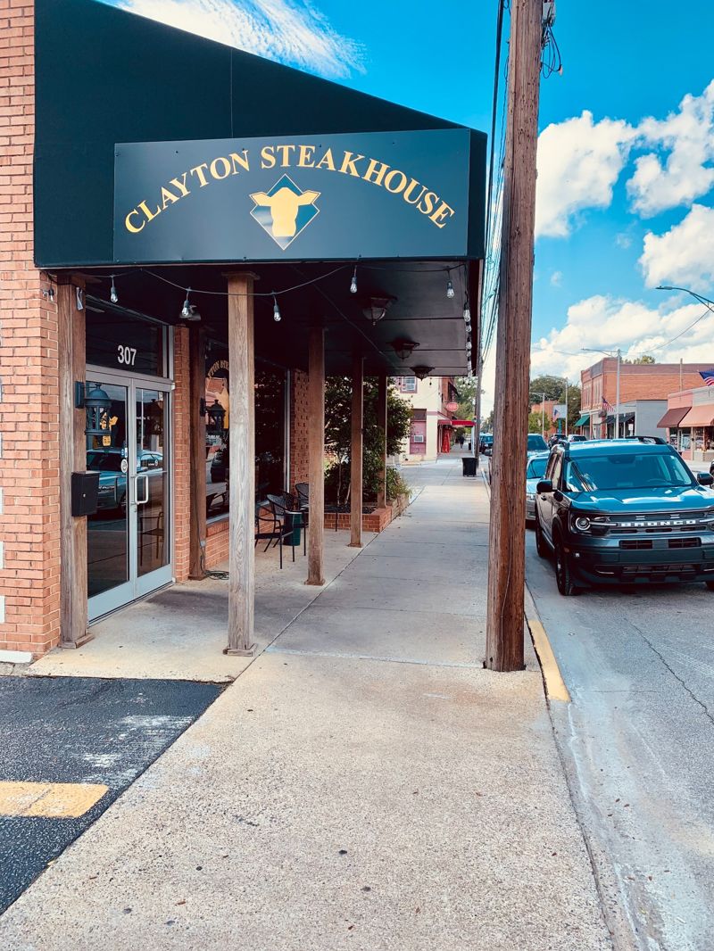 Clayton Steakhouse restaurant exterior on downtown Clayton NC street