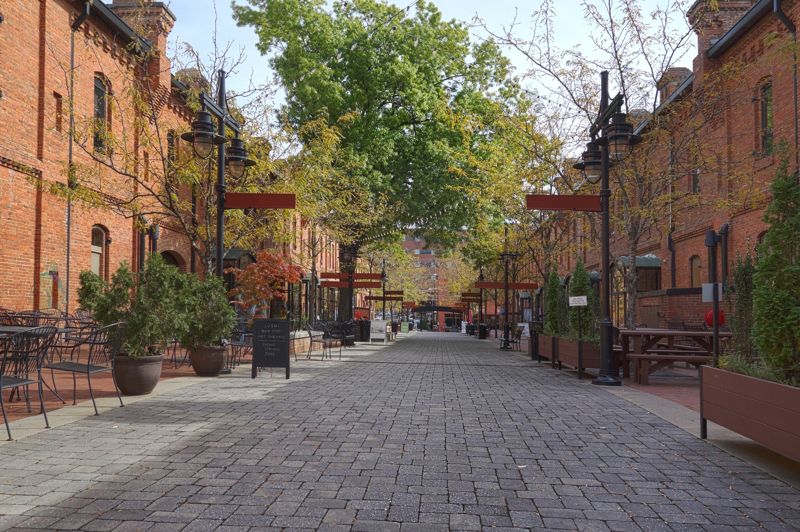 Pedestrian shopping district with outdoor dining in downtown Durham NC