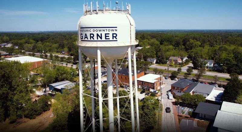 Aerial view of Garner North Carolina water tower and surrounding area