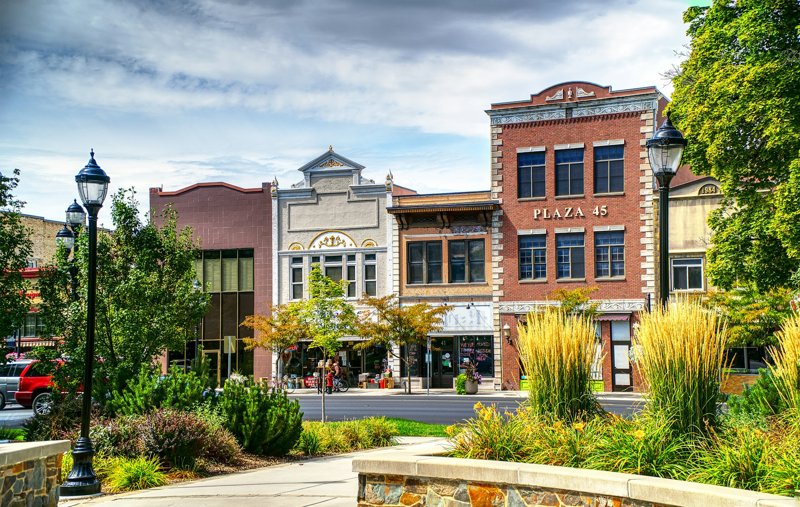 Downtown streetscape in Pittsboro, North Carolina with historic buildings, landscaping, and local shops