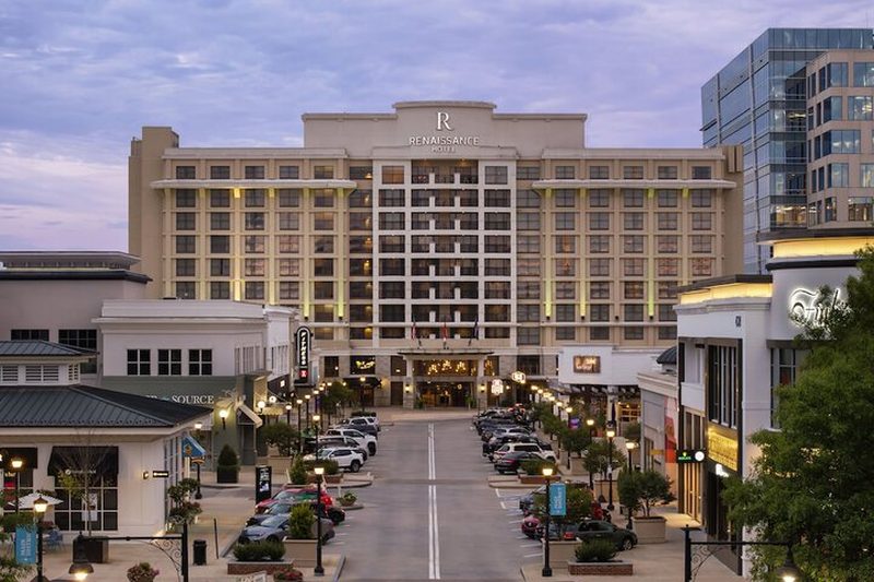 Renaissance Raleigh North Hills Hotel exterior with surrounding shops in Raleigh, North Carolina.