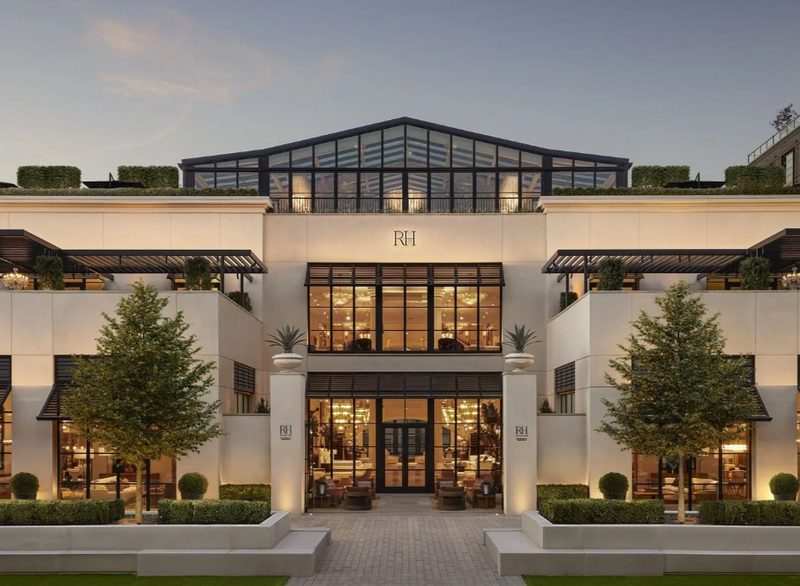 RH Raleigh exterior at North Hills with storefront and large glass upper structure in Raleigh, North Carolina.