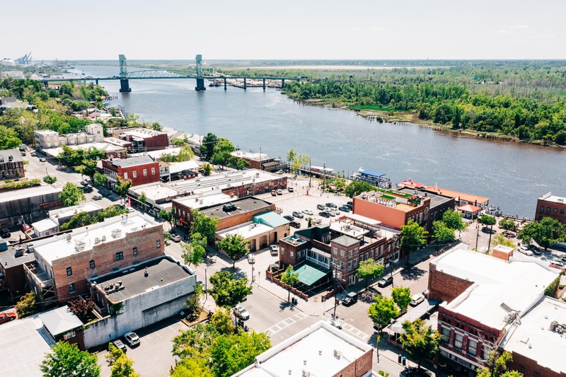 View of the Cape Fear River and drawbridge near downtown Wilmington, NC.